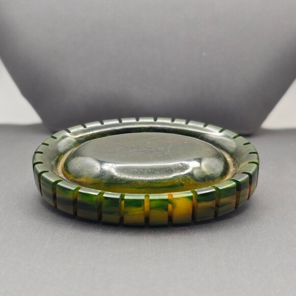 VTG Marbled Dark Green Bakelite Oval Brooch Pin 2.5" Ribbed Edge Spinach Color - Picture 2 of 8